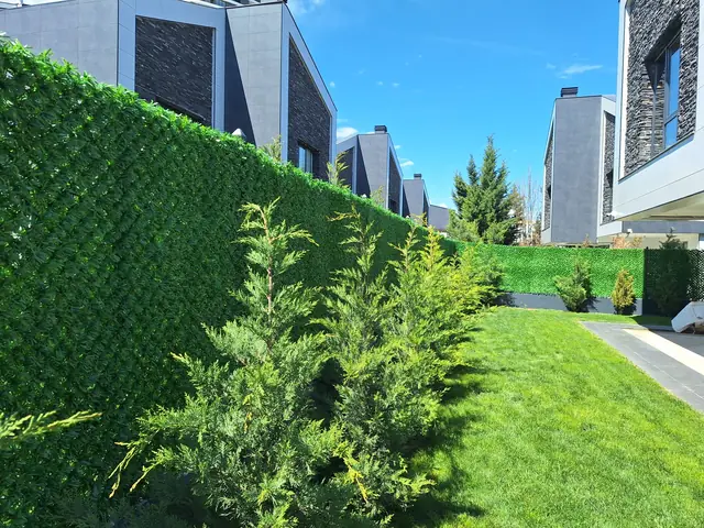 Villa bahçesinde tel çit üzerine kaplanmış yeşil çim çit